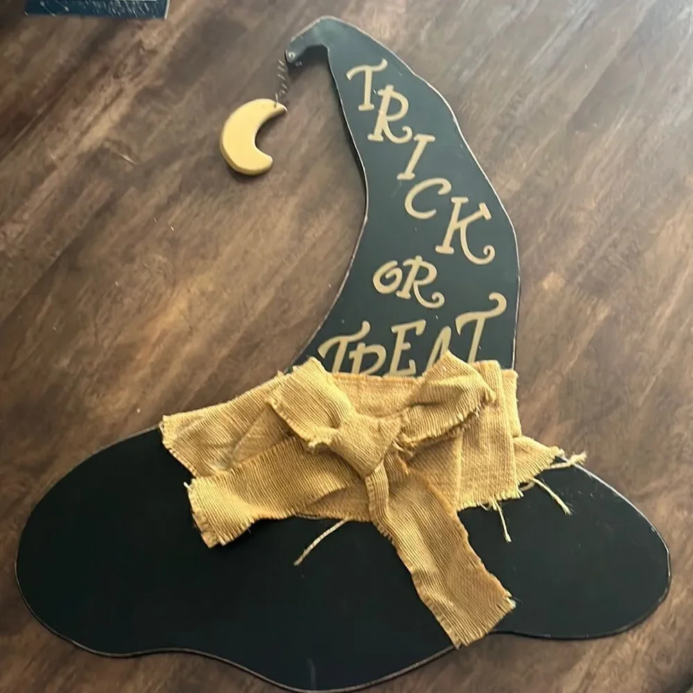 Halloween Farmhouse Black Wood Witch Hat Hanging “Trick or Treat” Decor-21”by17”